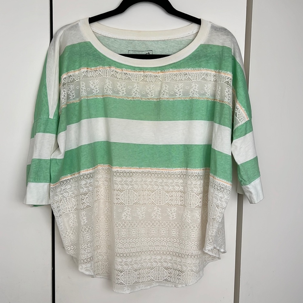 Free People We The Free Green and White Striped Lace Boxy Shirt